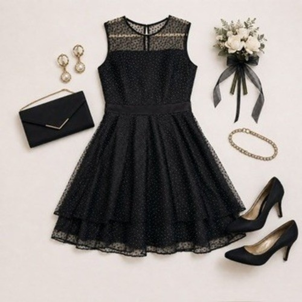 J. Taylor Vintage 90s Black Polka Dot Mesh Illusion Cocktail Dress Women's 12